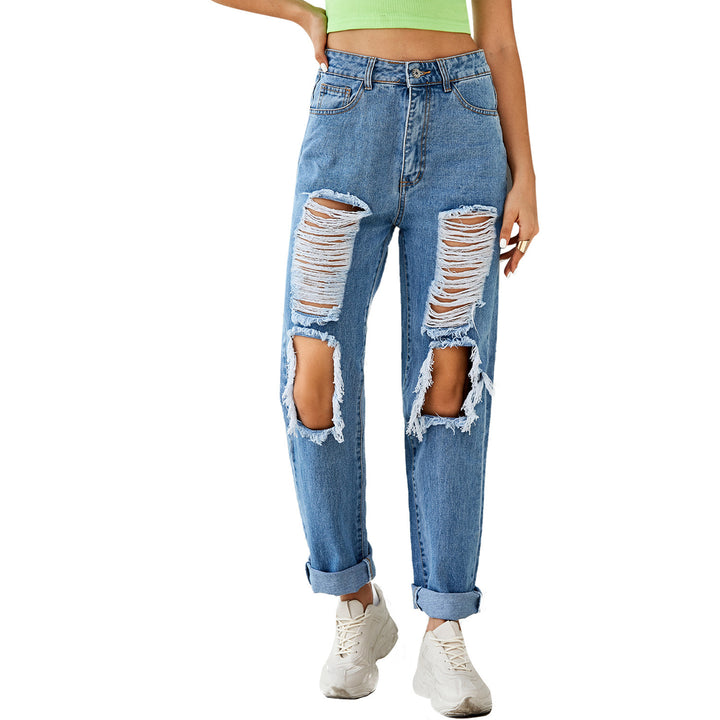 Women's Fashion High Waist Ripped Straight Denim Trousers-0-Zishirts