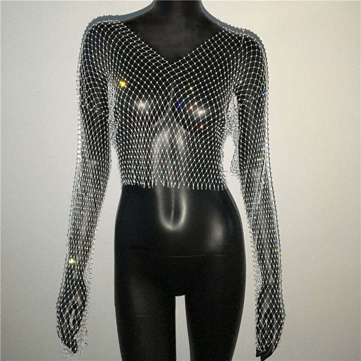 Fishnet Long Sleeve Top Mesh Rhinestone-Blouses & Shirts-Zishirts