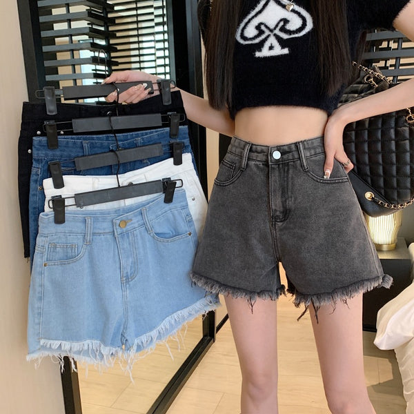 Wide Leg Denim Shorts Frayed Summer New High Waist Slimming-0-Zishirts