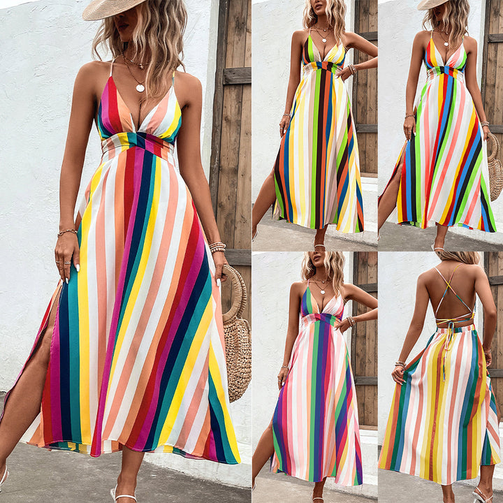 V-neck Rainbow Bar Slit Tied Spaghetti-strap Dress Summer-Womens 2024 March-Zishirts