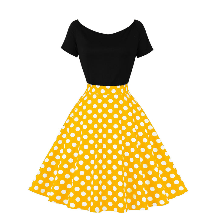 Short Sleeve Stitching Contrast Color Retro Polka Dot Swing Dress-Womens 2024 March-Zishirts