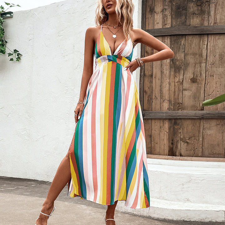 V-neck Rainbow Bar Slit Tied Spaghetti-strap Dress Summer-Womens 2024 March-Zishirts