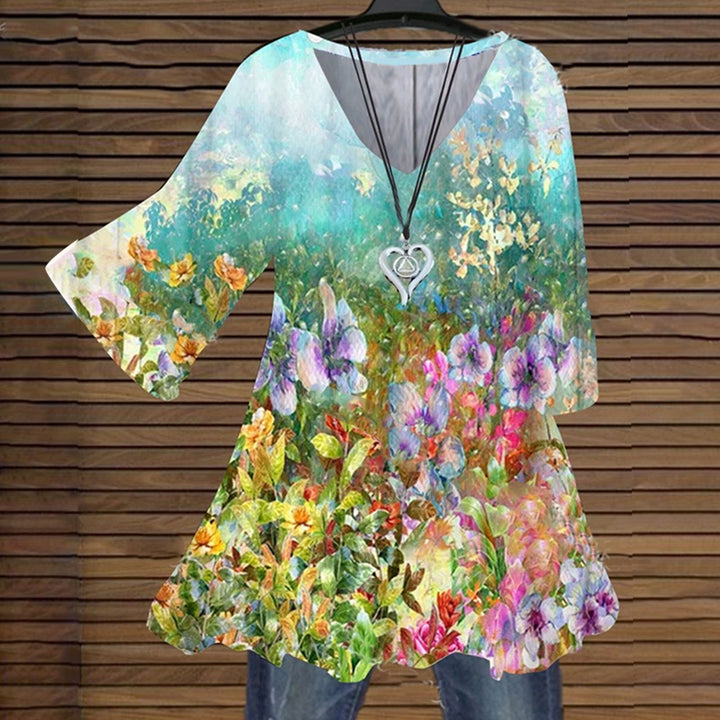 Multicolor Floral Printed V-neck Top-Womens 2024 March-Zishirts