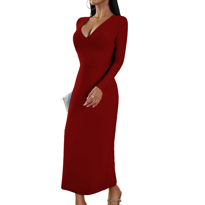 Women's Fashion Casual V-neck Sheath Long Sleeve Dress-Lady Dresses-Zishirts