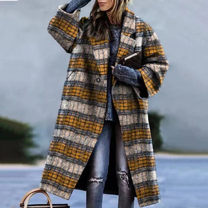 Turn-down Collar Coat Printed Woolen Long-cut Coat-Women's Outerwear 2023-Zishirts