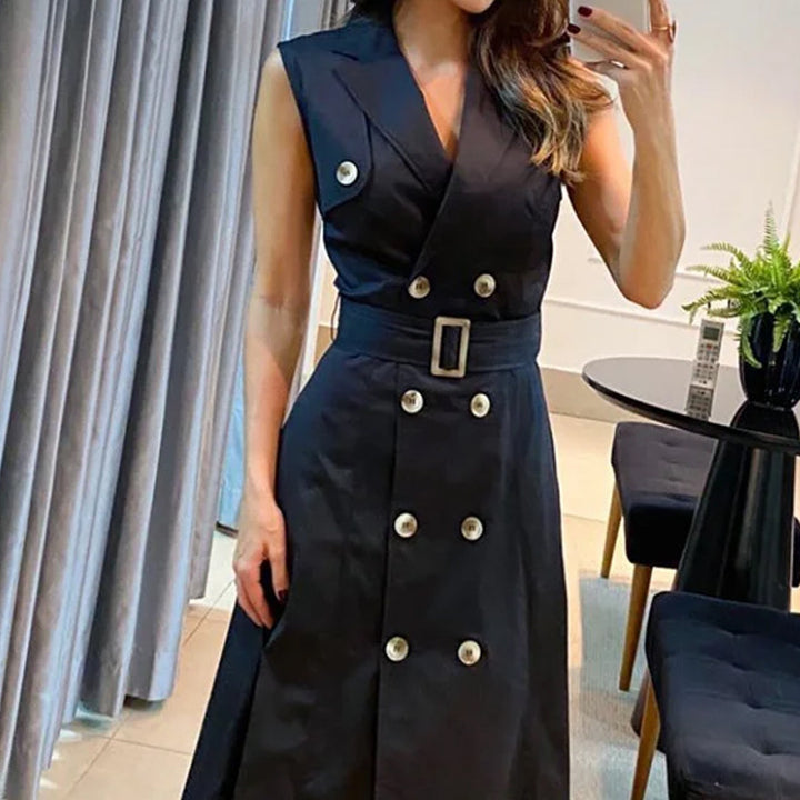 European And American Fashion Solid Color Multi-button Design Sleeveless Dress-Womens 2024 March-Zishirts