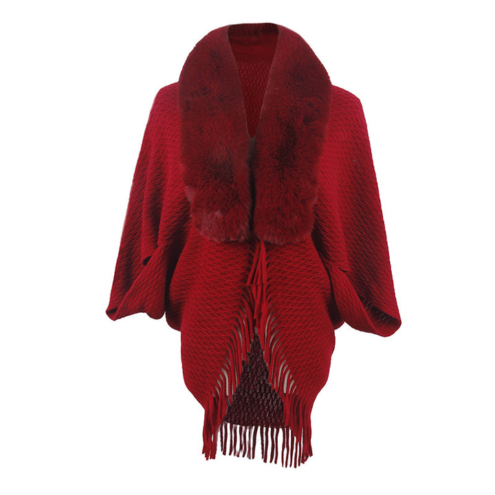 Drizzling Fur Collar Knitted Tassel Cape Coat Women-Scarves & Wraps-Zishirts