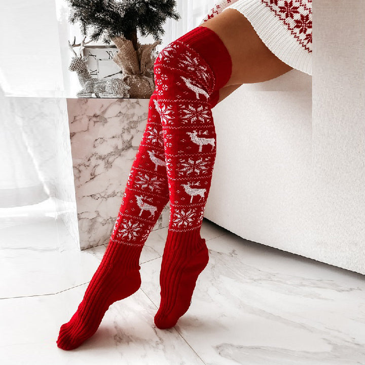 Winter Christmas Warm Knitted Women Stocking Beautiful Elk Snowflake Jacquard Over-the-knee Casual Long Socks For Ladies Gifts Free Size-Womens 2024 March-Zishirts