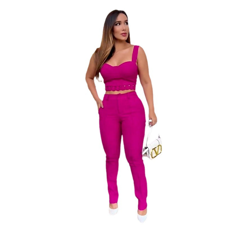 Women's Fashionable Elegant Irregular Spaghetti-strap High Waist Trousers Suit-Suits & Sets-Zishirts