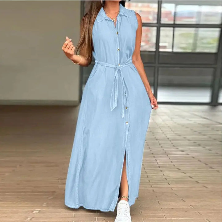 Women's Lapel Sleeveless Waist-controlled Lace-up Denim Dress-Womens 2024 March-Zishirts