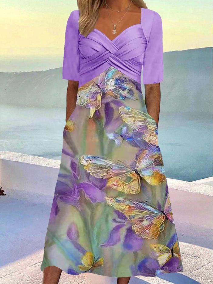 Women's Fashionable Elegant Butterfly Print Midi Dress-Lady Dresses-Zishirts