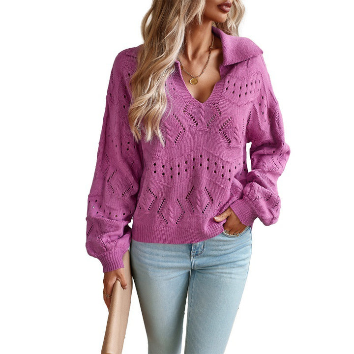 Women's Polo Collar Long-sleeved Knitted Top-Sweaters-Zishirts