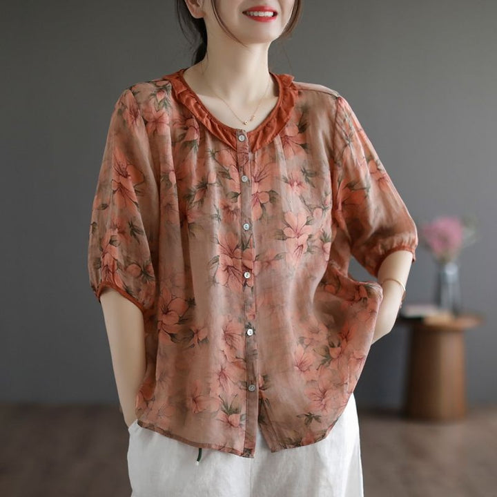 Retro Artistic Contrast Color Round Neck Oversized Short Sleeve Shirt-0-Zishirts