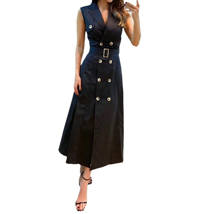 European And American Fashion Solid Color Multi-button Design Sleeveless Dress-Womens 2024 March-Zishirts