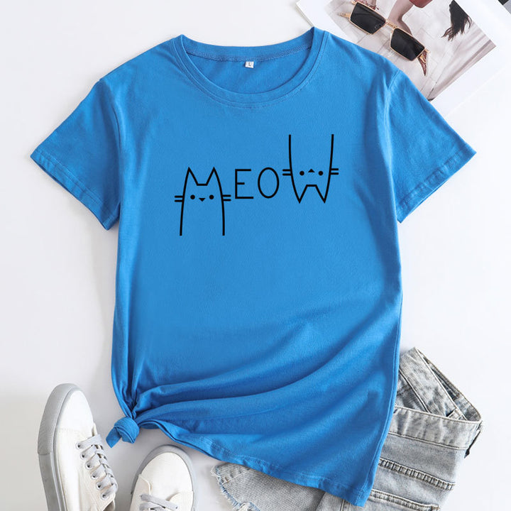 Creative Casual Cat Letter Cotton Short-sleeved T-shirt Women's Clothing-Blouses & Shirts-Zishirts