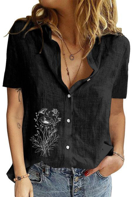 Women's Printed Linen Shirt Short Sleeve-Women's Outerwear 2023-Zishirts