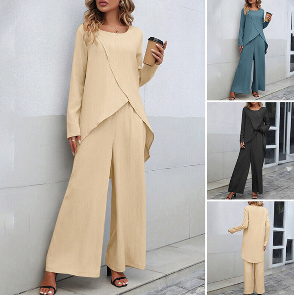 Women's Fashion Long Sleeve Irregular Hem Top Elastic Waist Wide Leg Trousers Two-piece Set-Womens 2024 March-Zishirts