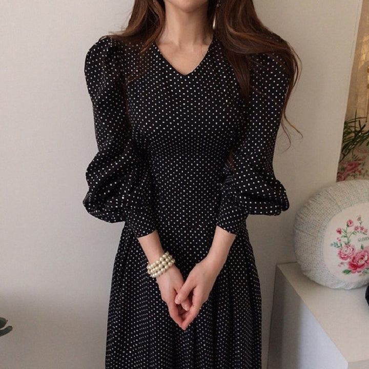 Women's Fashionable Slim Collar Slim-fit High Waist Lace-up Lantern Sleeve Dress-Lady Dresses-Zishirts