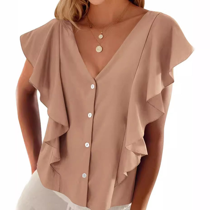 Women's Top Pleated Cover Ruffle Sleeve V-neck-Womens 2024 March-Zishirts