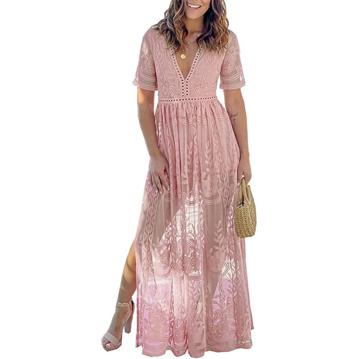 Embroidery Lace Deep V Split Holiday Lace Stitching Dress-Womens 2024 March-Zishirts