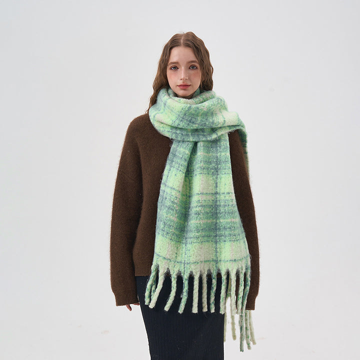 Women's White And Green Plaid Scarf-Scarves & Wraps-Zishirts