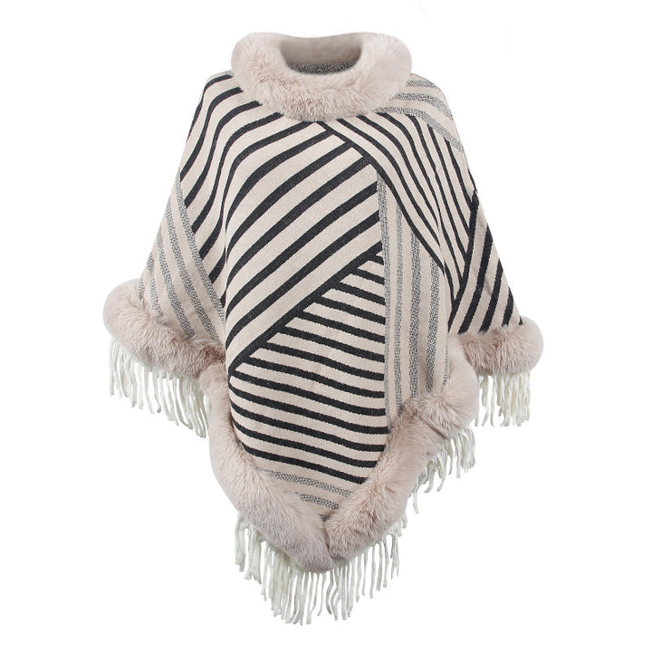 Drizzling Fur Collar Pullover Tassel Knitted Cape For Women-Scarves & Wraps-Zishirts