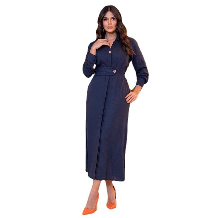 Women's Lapel Long Sleeve Waist Split Long Dress-Lady Dresses-Zishirts