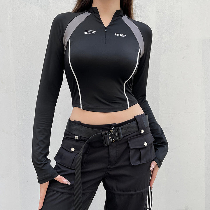 Women's Mechanical Style Color Block Print Invisible Long-sleeve Zipper T-shirt-Blouses & Shirts-Zishirts
