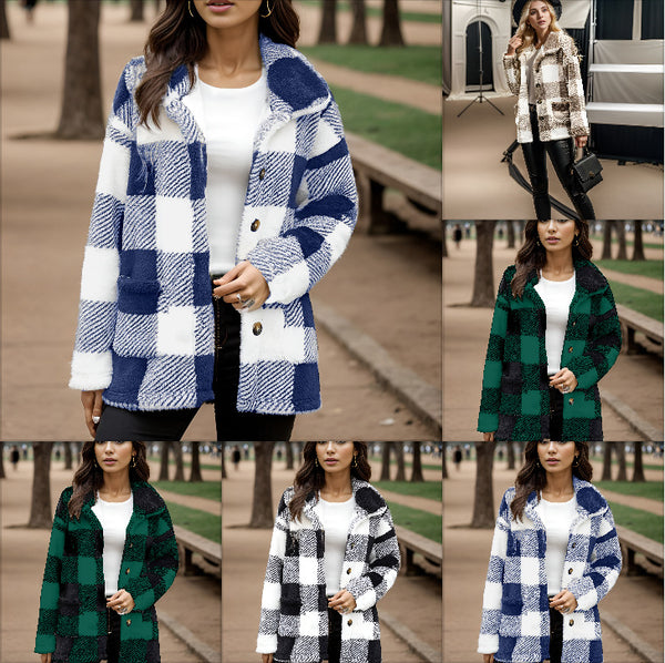 Women's Long Sleeve Plaid Button Loose Jacket With Pockets-Jackets-Zishirts