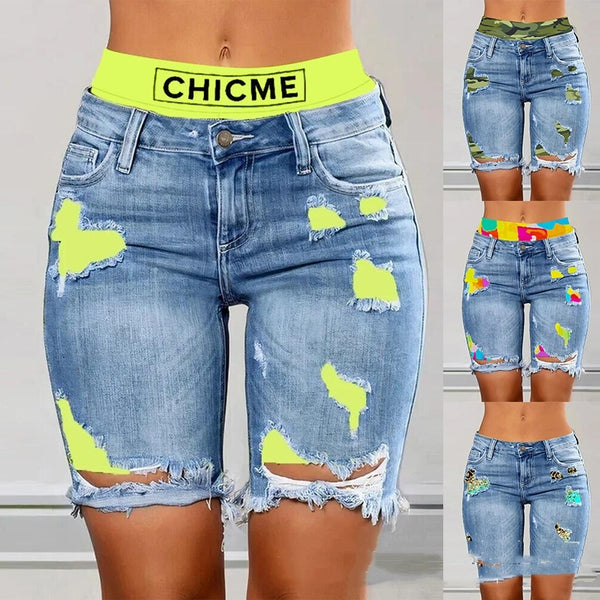 Color Contrast Patchwork Ripped Fake Two-piece Denim Shorts-Woman Jeans-Zishirts