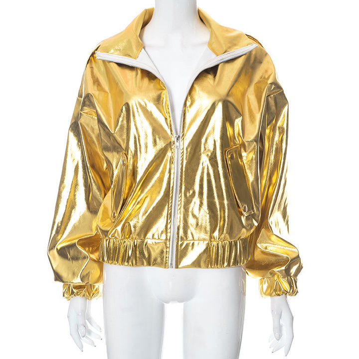 PU Metallic Zipper Fashion New Polo Collar Coat-Jackets-Zishirts