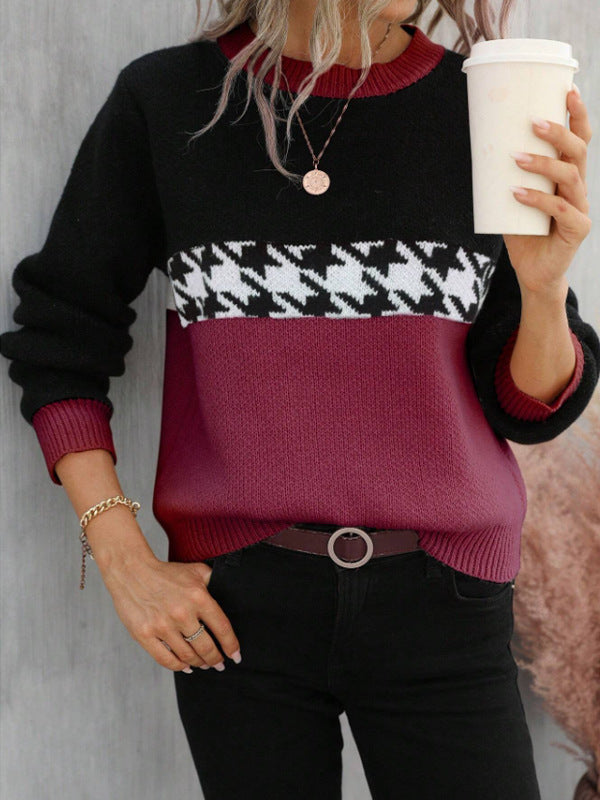 Contrast Color Pullover Round Neck Knitted Sweater Fashion Geometry Pattern-0-Zishirts