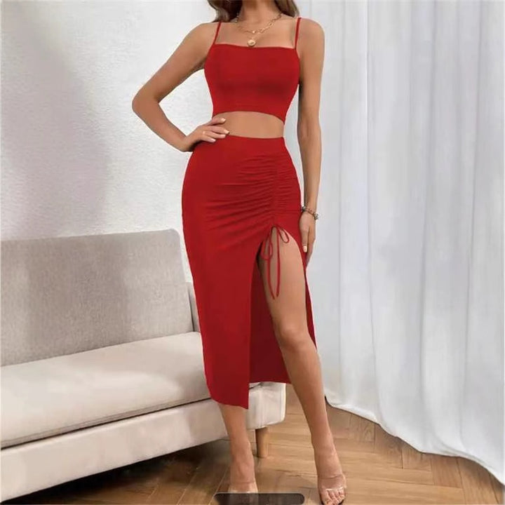 Slim Fit Sleeveless Split Mid-length Dress Set Women-Lady Dresses-Zishirts