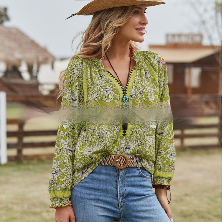 Women's Bohemian Print Flare Sleeve Shirt-Womens 2024 March-Zishirts