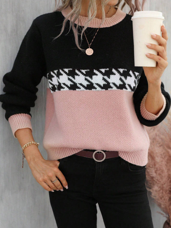 Contrast Color Pullover Round Neck Knitted Sweater Fashion Geometry Pattern-0-Zishirts