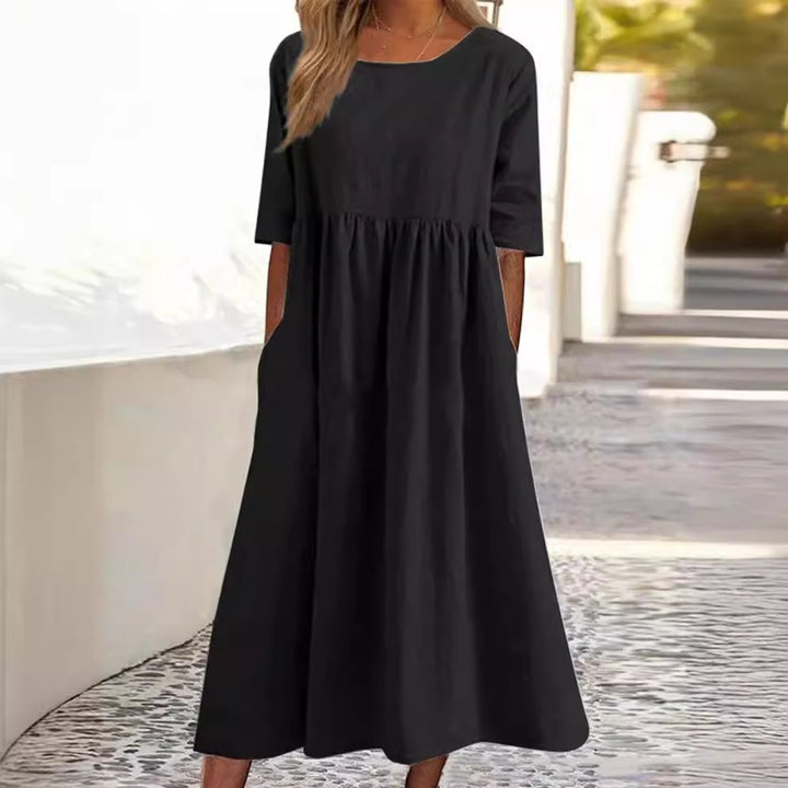 Spring And Summer New Round Neck 5-point Sleeve Plus Size Casual Loose Long Solid Color Cotton And Linen Dress-Womens 2024 March-Zishirts