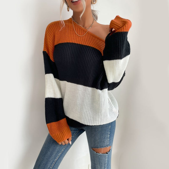 Autumn New European And American Women's Clothing Striped Contrast Color Knitwear Round Neck Loose Sweater-Sweaters-Zishirts