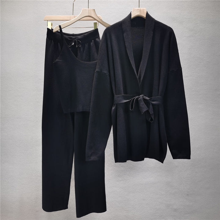 Loose Casual Fashion Women's Cardigan Jacket Sling Wide-leg Pants Suit-Suits & Sets-Zishirts