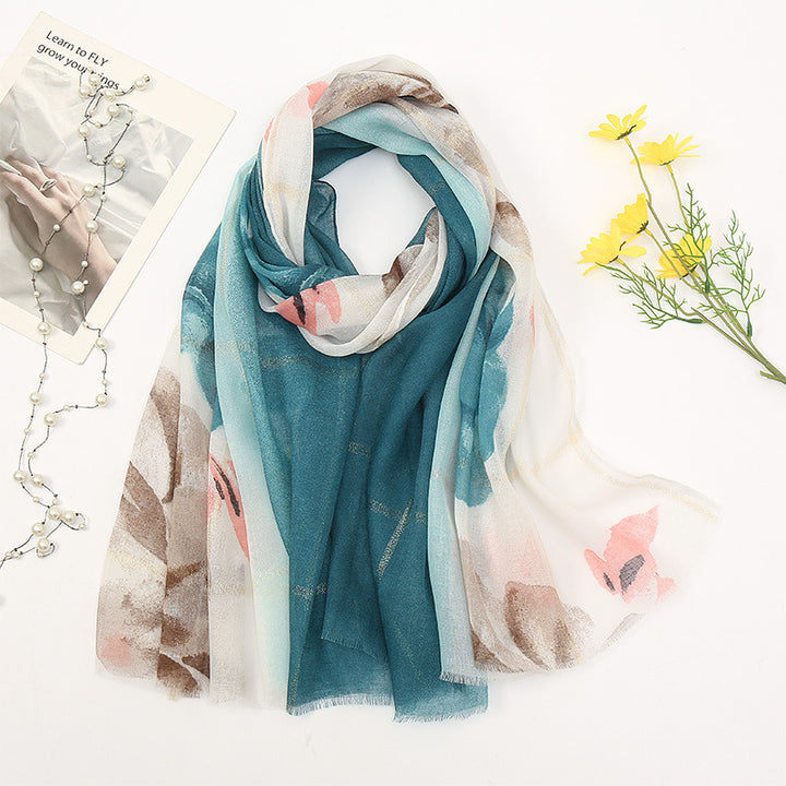 Women's Cotton And Linen Fleece Trimmed Printed Scarf-Scarves & Wraps-Zishirts