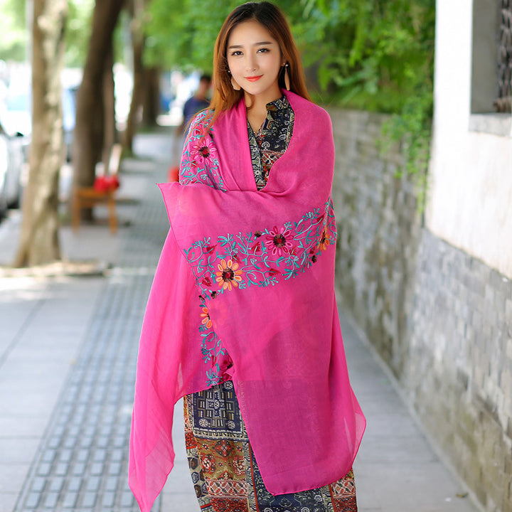 Ethnic Style Embroidered Floral Scarf Shawl Sunscreen Silk Female-Scarves & Wraps-Zishirts