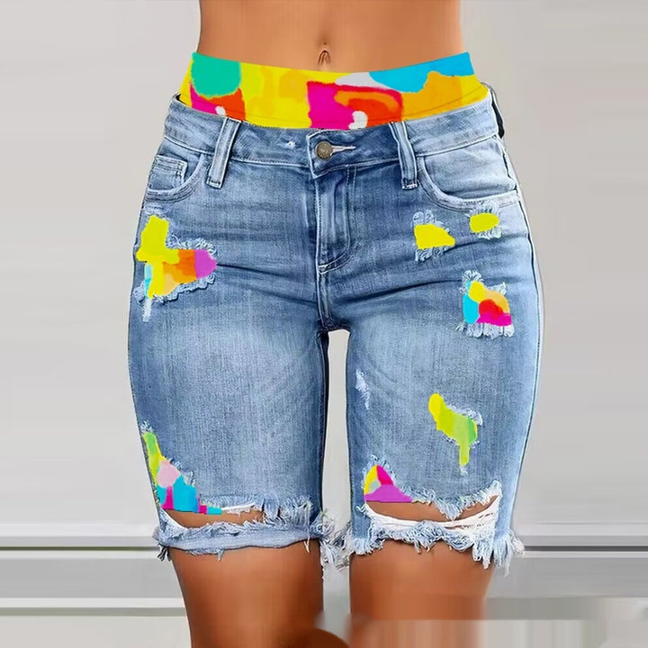 Color Contrast Patchwork Ripped Fake Two-piece Denim Shorts-Woman Jeans-Zishirts