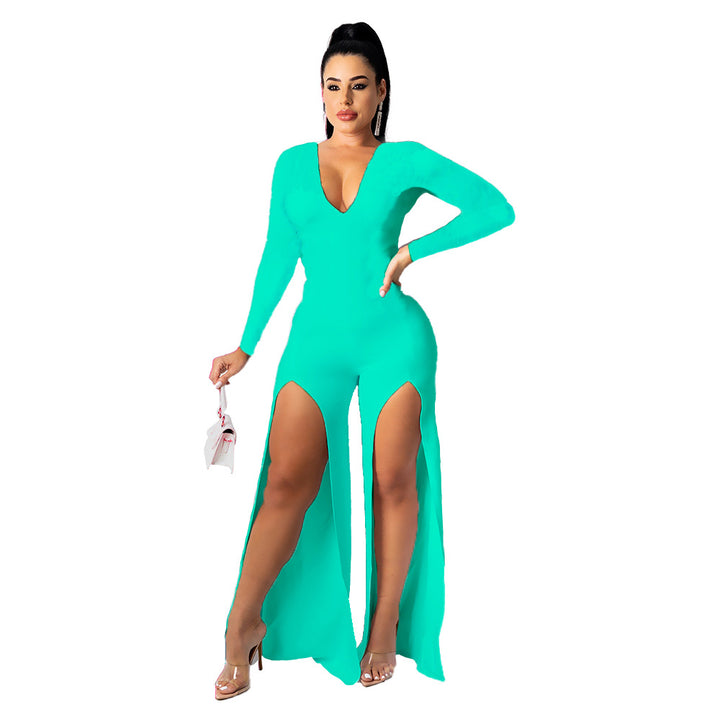 Women's V-neck Solid Color Split Leg Jumpsuit-Suits & Sets-Zishirts