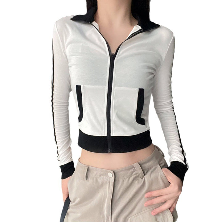 Women's Zipped Stand Collar Black And White Long-sleeved Top-Blouses & Shirts-Zishirts