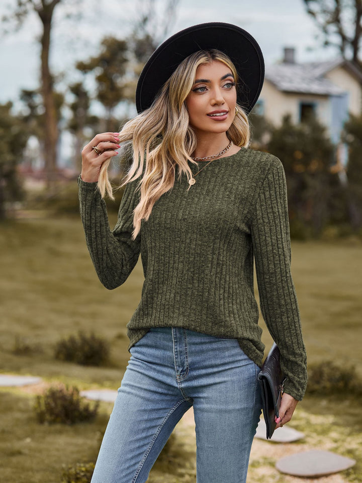 Autumn Women Round Neck Brushed Sunken Stripe Solid Color Upper Clothes Long Sleeves T-shirt-Sweaters-Zishirts