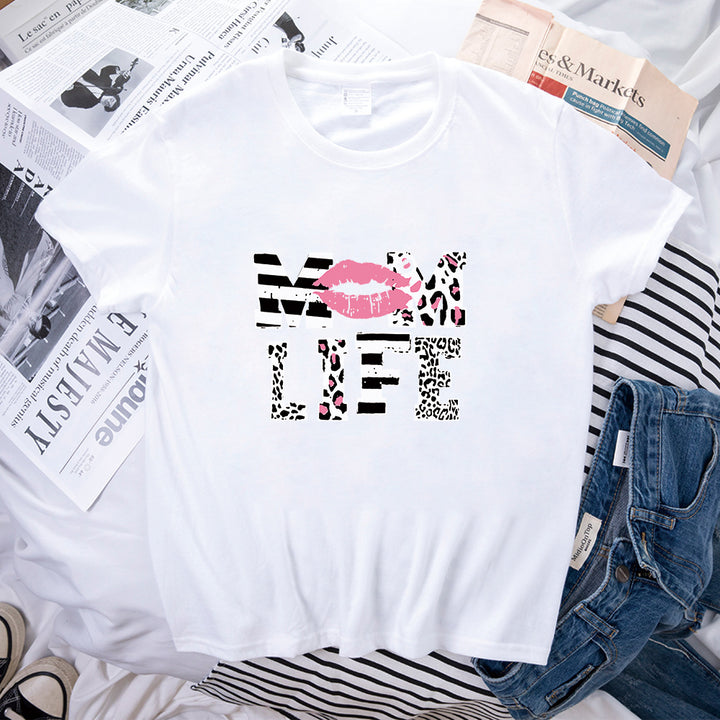 Mother's Day MOM LIFE Leopard Print Lip Printings Round Neck Short Sleeve T-shirt-Blouses & Shirts-Zishirts