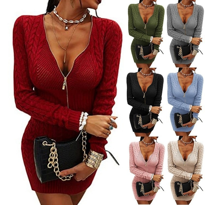 Women's Knitwear Mid-length Slim Fit Dress Sweater Solid Color And V-neck Pullover Zip-up Shirt-Lady Dresses-Zishirts