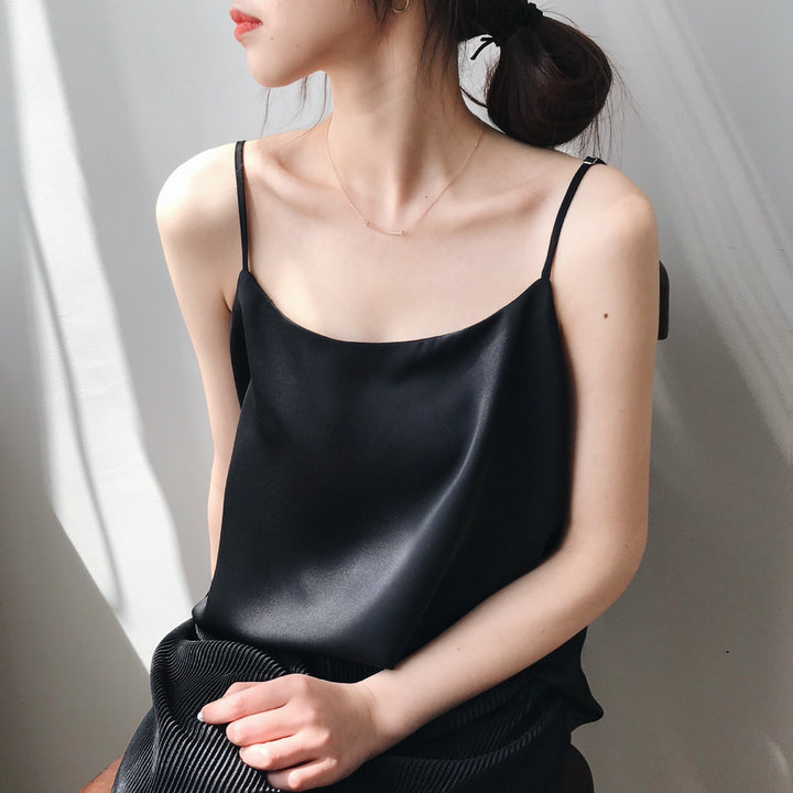 Summer New Inner Wear Single Wear Textured Satin Spaghetti Strap Small Sling Vest For Women-Blouses & Shirts-Zishirts