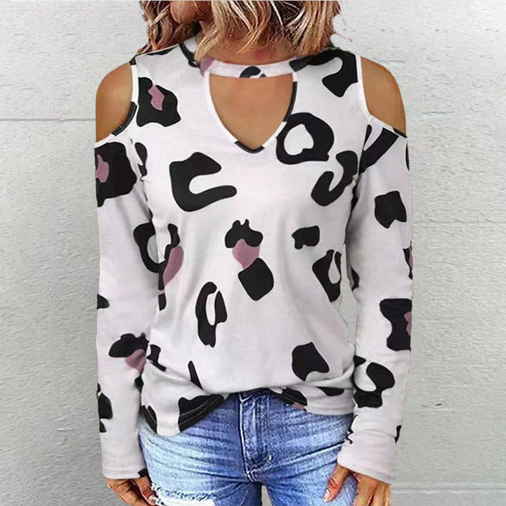 Women's Fashion Casual Printing Off-shoulder Loose Long-sleeved T-shirt-Blouses & Shirts-Zishirts