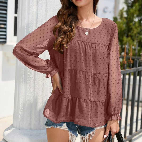 Loose Chiffon Shirt Round Neck Ruffle Top-Women's Outerwear 2023-Zishirts