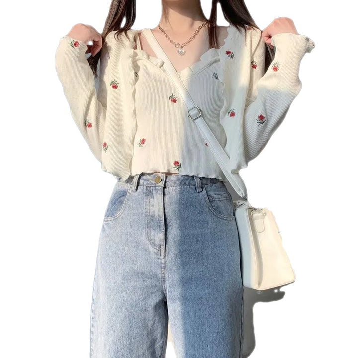 Japanese Soft Sister Embroidery Rose Small Suspender Cardigan Two-piece Set-Sweaters-Zishirts